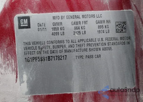 2011 Chevrolet Cruze 1Lt z USA, uszkodzony, nr VIN 1G1PF5S91B7178217